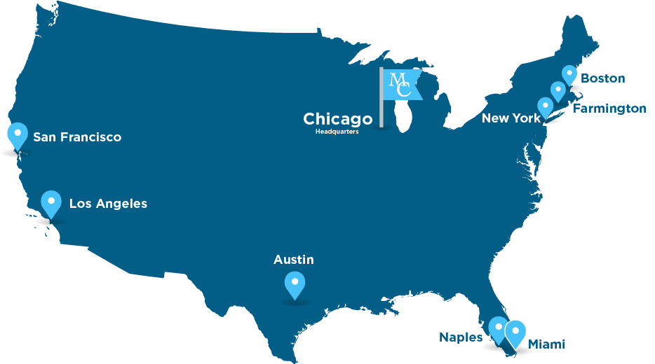 Map of United States of America with markers placed on our locations